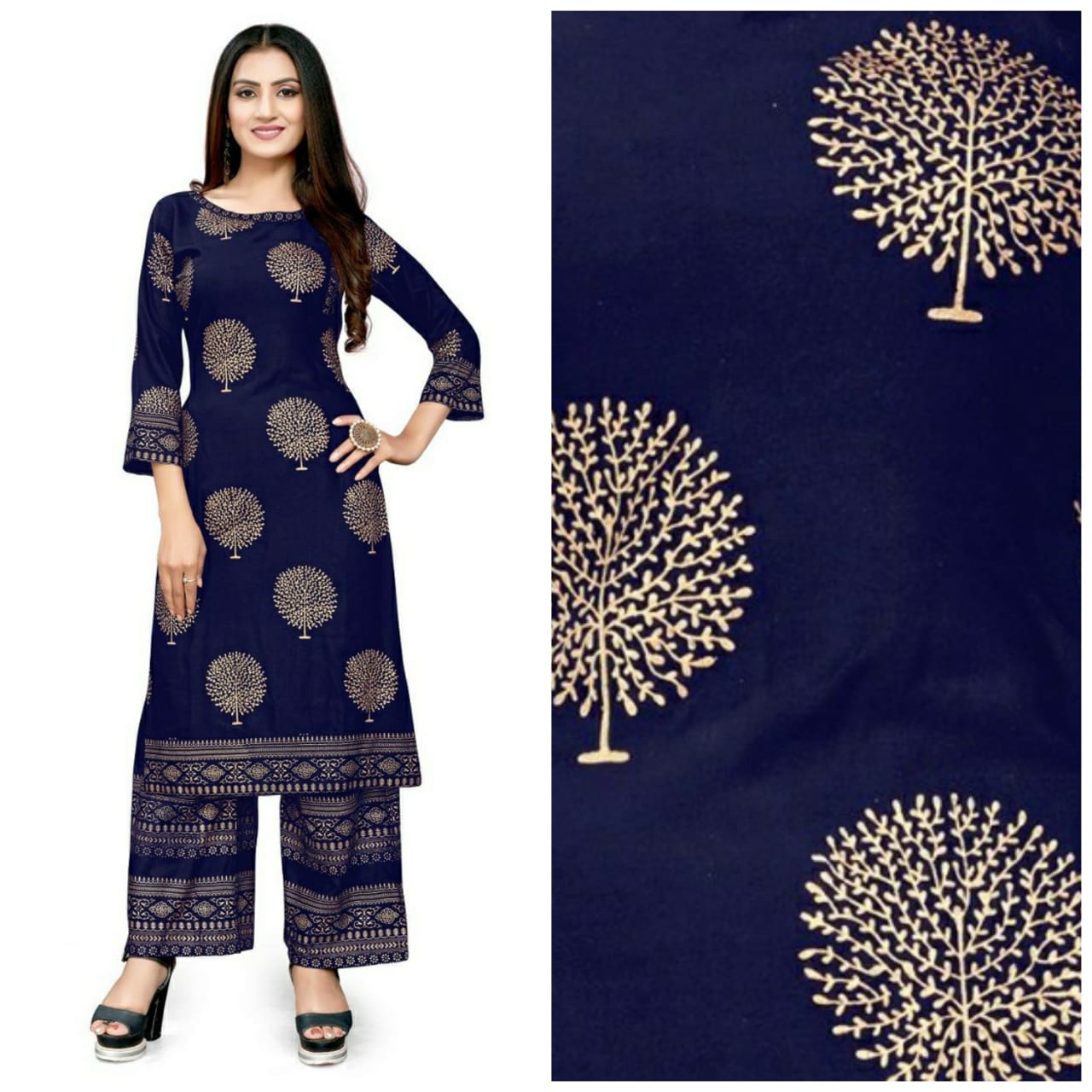 Punjabi Rayon Kurti & Pant in Foil Work