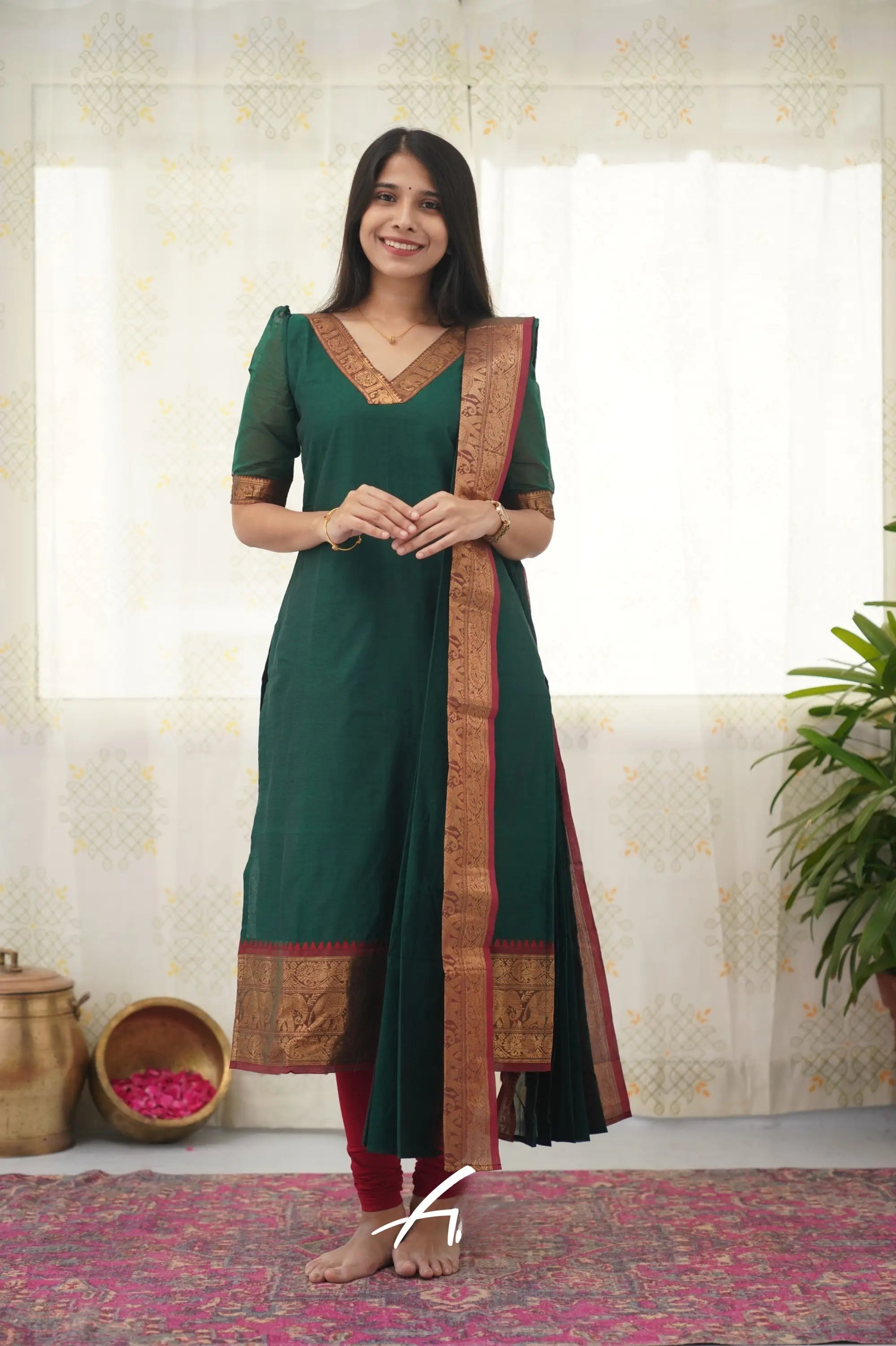 Bottle Green South Cotton Kurti Set with Maroon Tone Border – A Perfect Blend of Tradition and Style