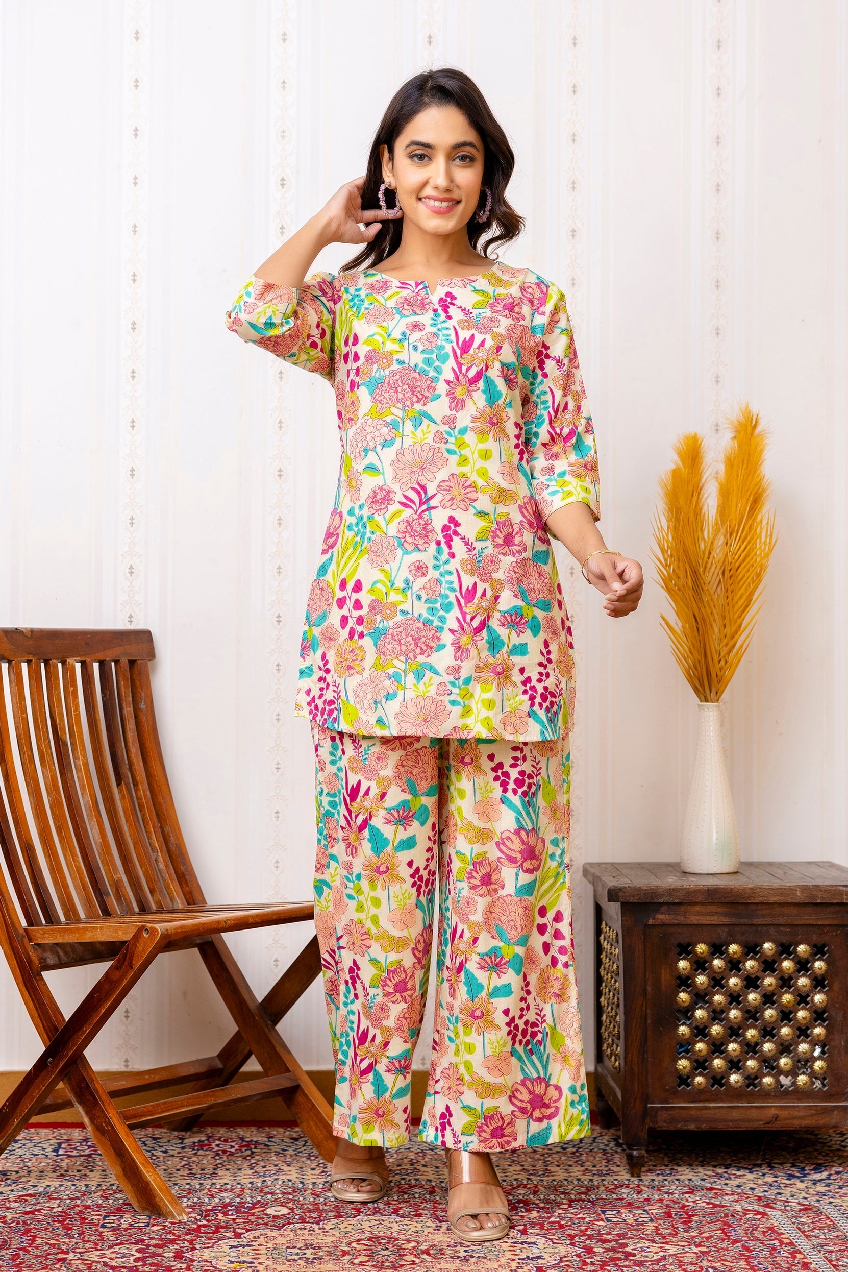 Off-white Floral Rayon Co-ord set