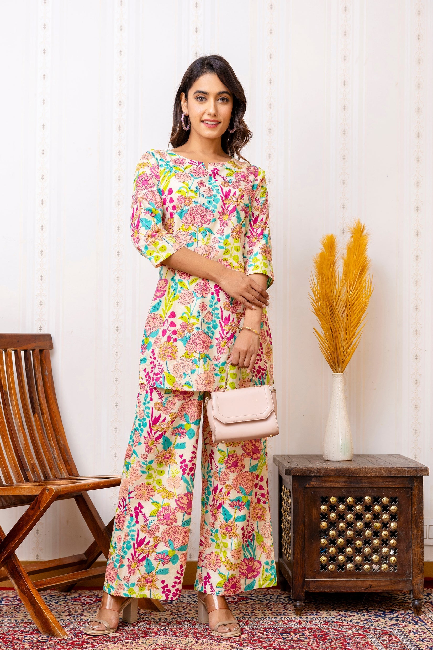 Off-white Floral Rayon Co-ord set