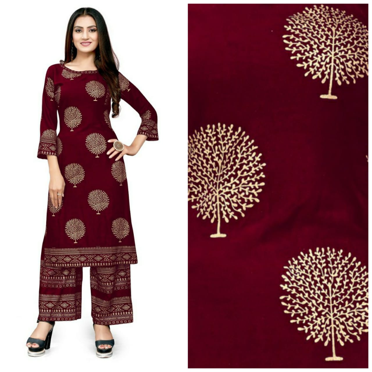 Punjabi Rayon Kurti &amp; Pant dalam Kerja Kerajang