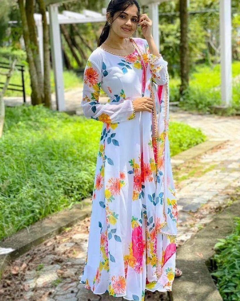 Set Gaun Georgette Bercetak Bergaya Bergaya Dengan Dupatta