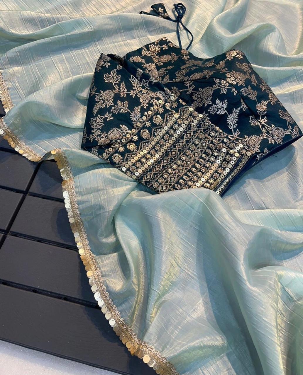 Beautiful Designer Saree on Heavy pure tissue crush silk Fabric With Fancy Lace