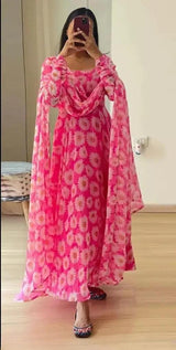 Set Gaun Georgette Bercetak Bergaya Bergaya Dengan Dupatta