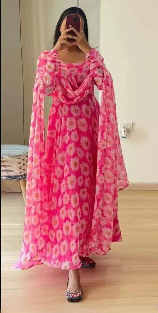 Set Gaun Georgette Bercetak Bergaya Bergaya Dengan Dupatta