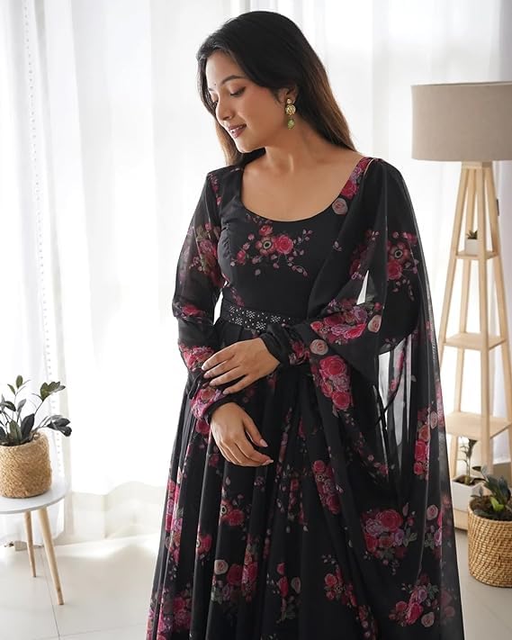 Set Gaun Georgette Bercetak Bergaya Bergaya Dengan Dupatta