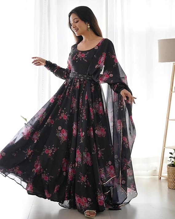 Set Gaun Georgette Bercetak Bergaya Bergaya Dengan Dupatta