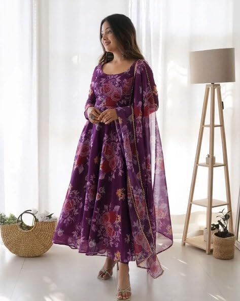 Set Gaun Georgette Bercetak Bergaya Bergaya Dengan Dupatta