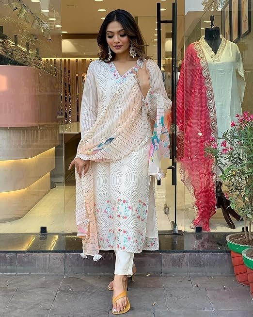 Stunning Rayon Printed Kurti with Pant & Dupatta Ensemble