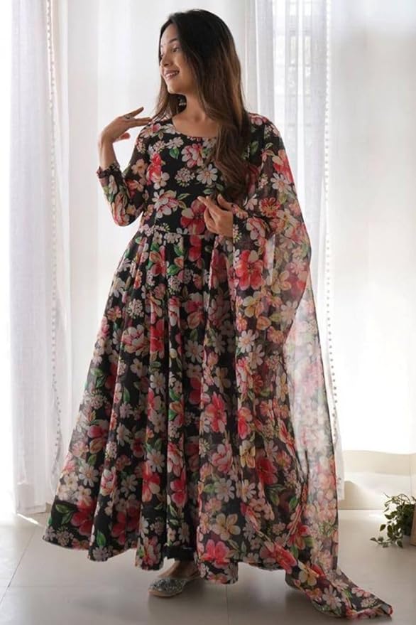 Set Gaun Georgette Bercetak Bergaya Bergaya Dengan Dupatta