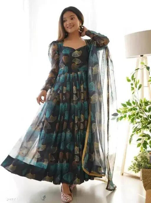 Set Gaun Georgette Bercetak Bergaya Bergaya Dengan Dupatta