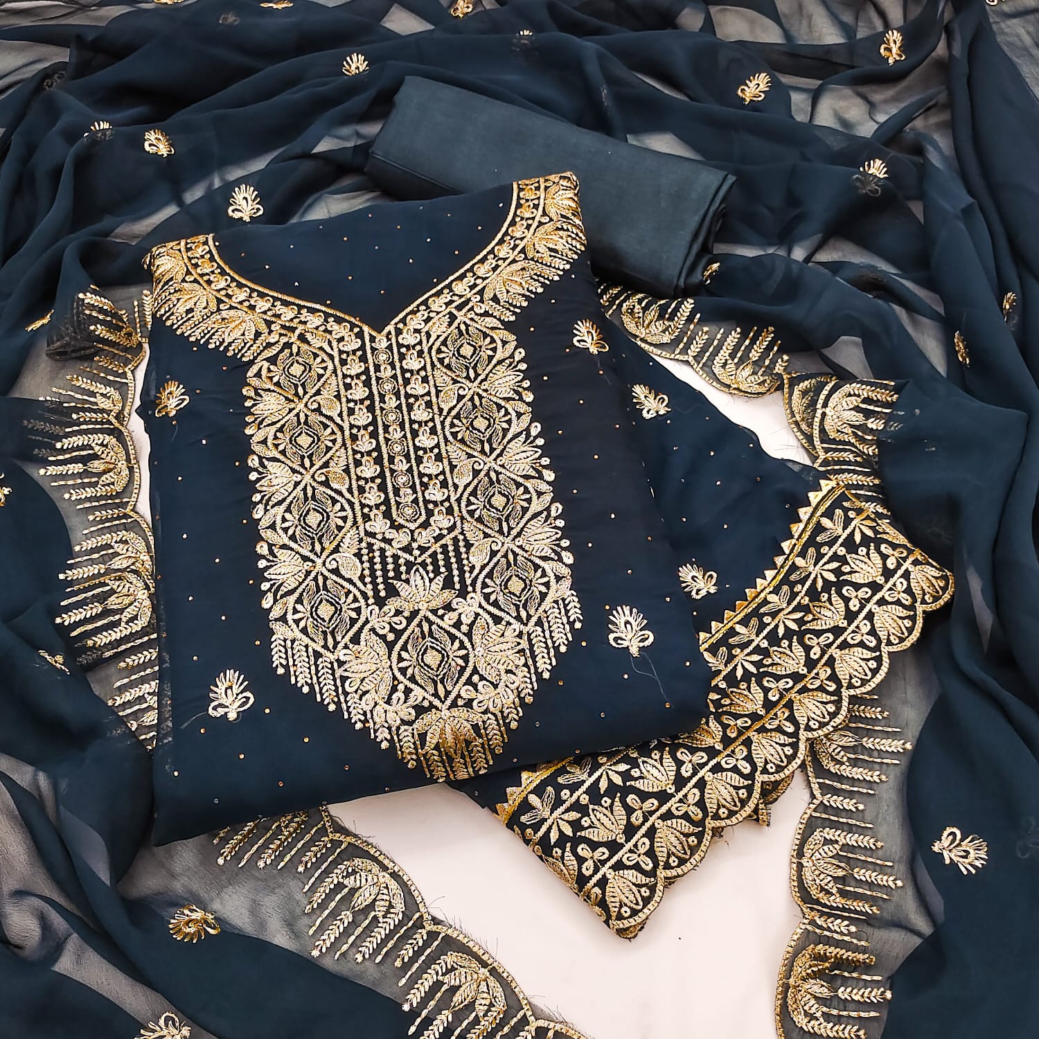 Designer Georgette Jari Work Suit with Swarovski Diamond Detailing