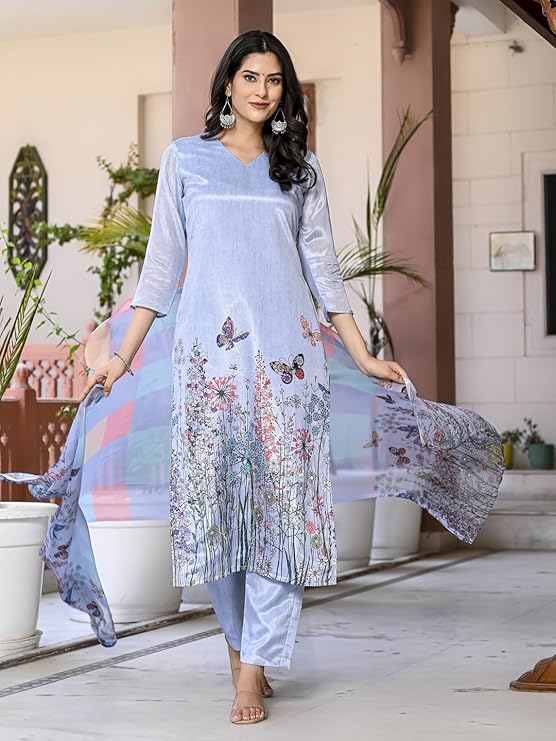 Rayon Printed Kurti Set: Pant & Dupatta Included