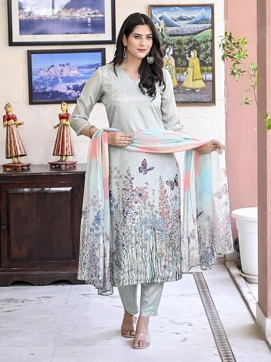 Rayon Printed Kurti Set: Pant & Dupatta Included