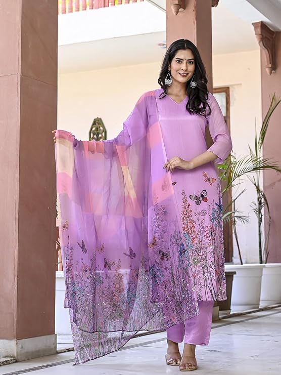 Rayon Printed Kurti Set: Pant & Dupatta Included