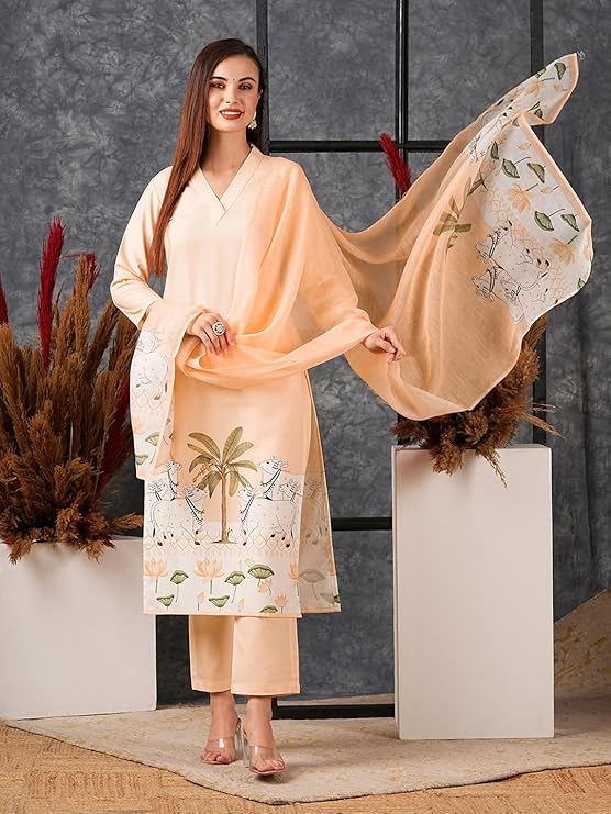 Lovely Slub Rayon Printed Kurti with Matching Pant & Dupatta