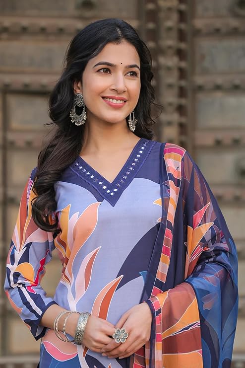 Elegant Blue Slub Rayon Kurti with Pant & Matching Dupatta