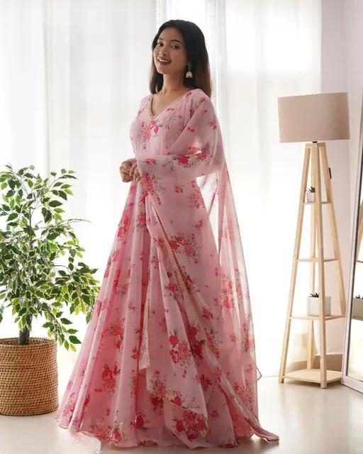 Set Gaun Georgette Bercetak Bergaya Bergaya Dengan Dupatta
