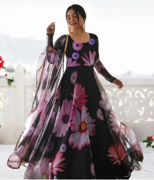 Set Gaun Georgette Bercetak Bergaya Bergaya Dengan Dupatta