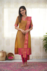 Yellow South Cotton Kurta Set with Pink Border – Bold and Beautiful.