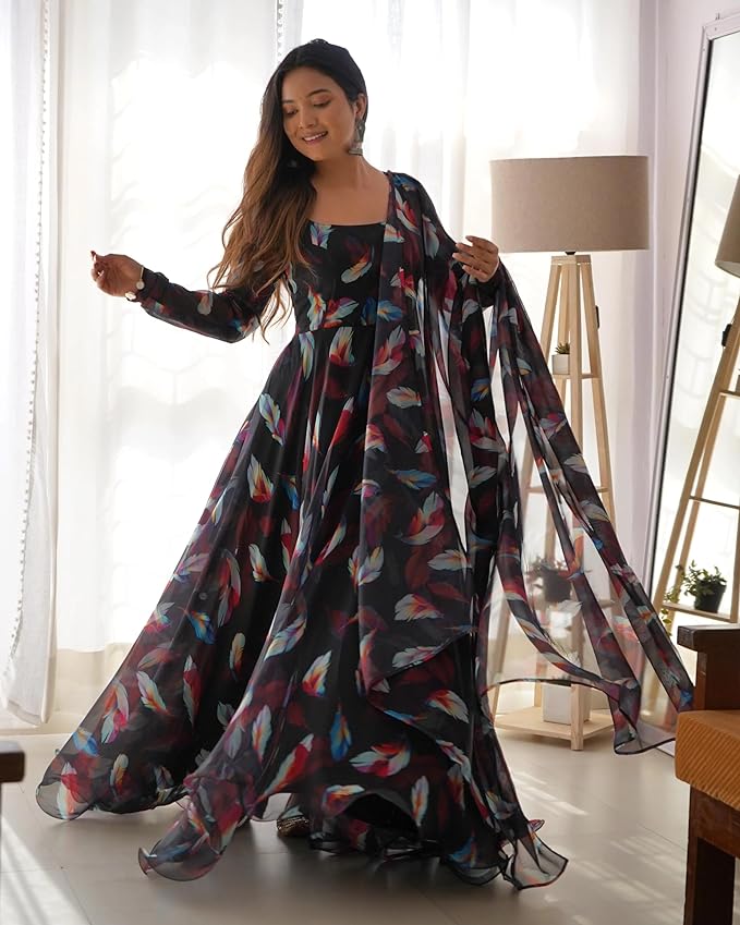 Set Gaun Georgette Bercetak Bergaya Bergaya Dengan Dupatta
