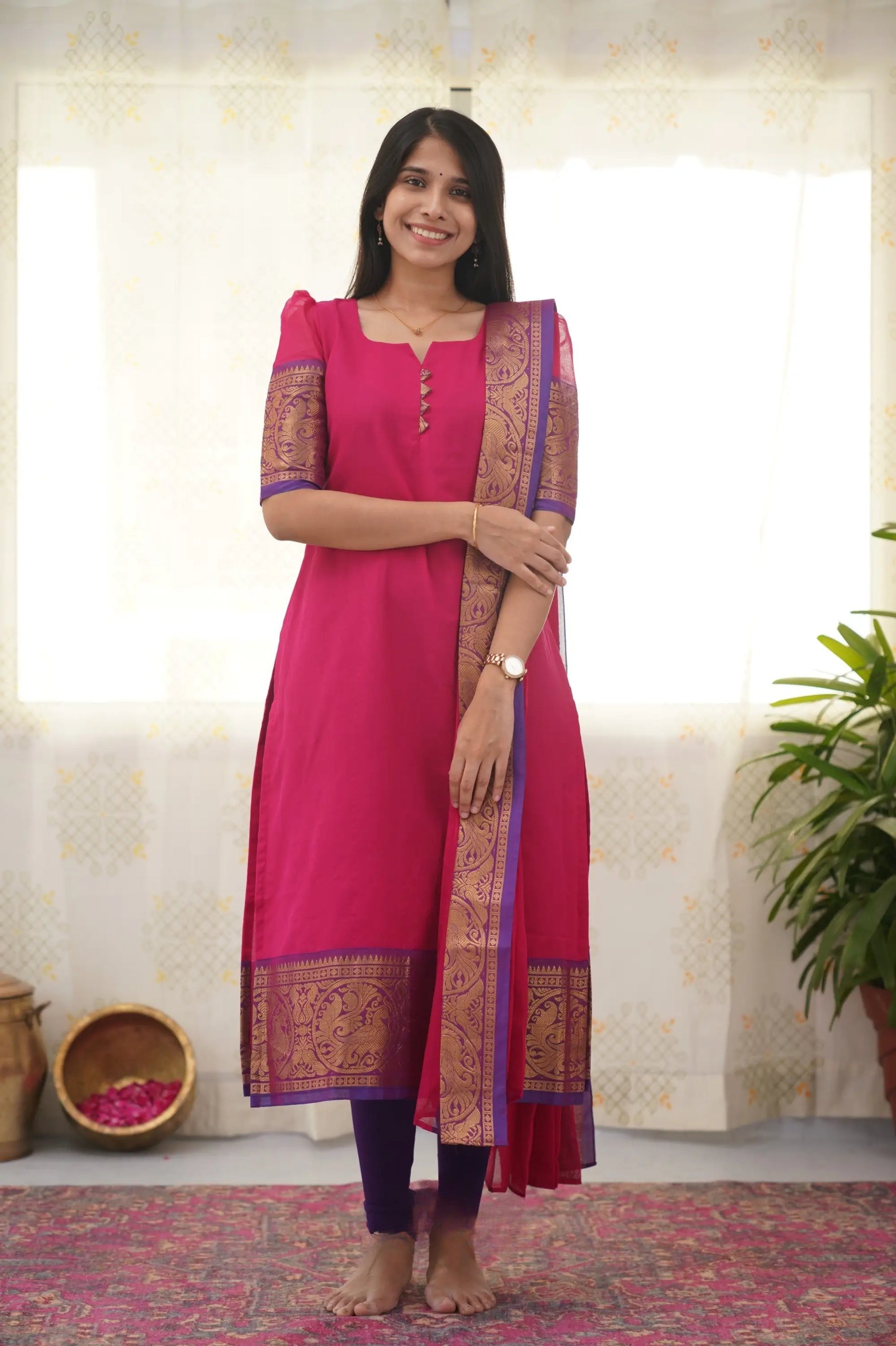 Stylish Pink South Cotton Kurti with Black Border – Comfort Meets Class.