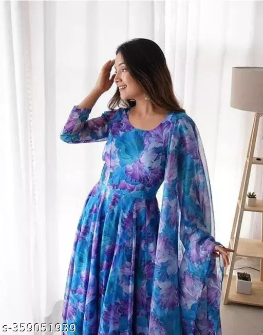 Set Gaun Georgette Bercetak Bergaya Bergaya Dengan Dupatta