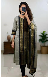 Gray Chanderi Cotton Straight Fit Kurta Set with Jacquard Border.