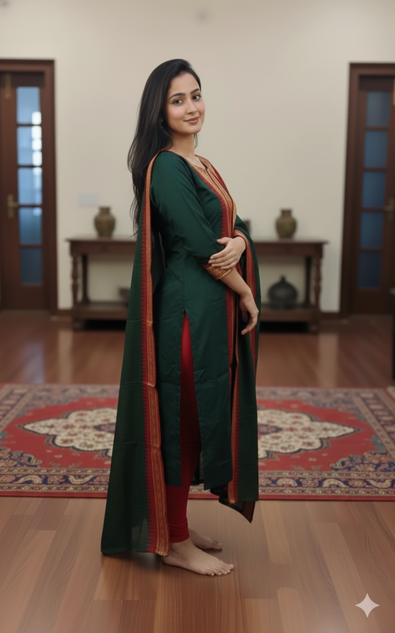 Bottle Green Chanderi Cotton Straight Fit Kurta Set with Jacquard Border.