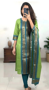 Light Green Chanderi Cotton Straight Fit Kurta Set with Jacquard Border.