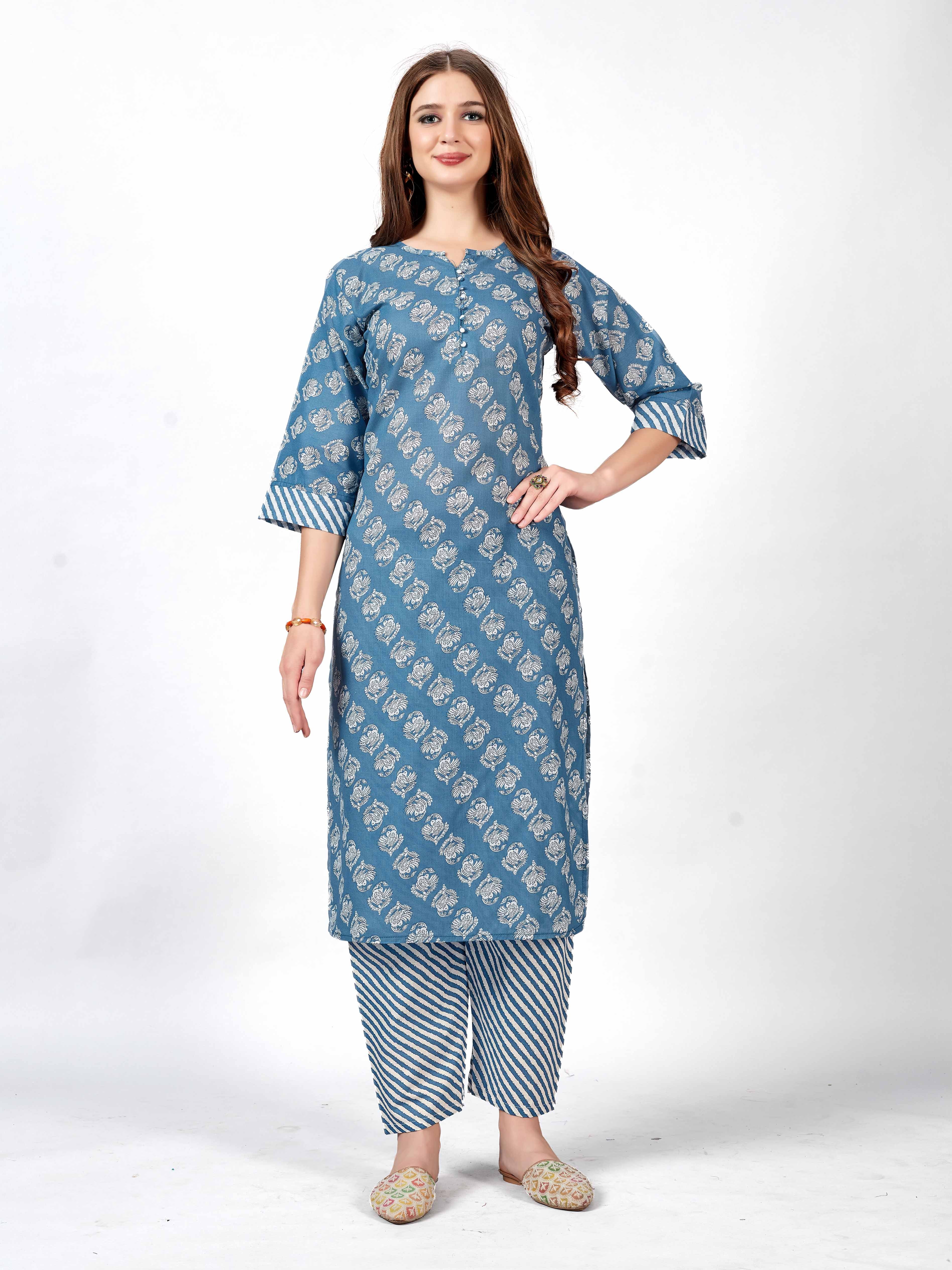 Women's Cotton Printed Kurti And Pant Set./Bandani mencetak kurti dan set pant.