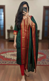 Bottle Green Chanderi Cotton Straight Fit Kurta Set with Jacquard Border.