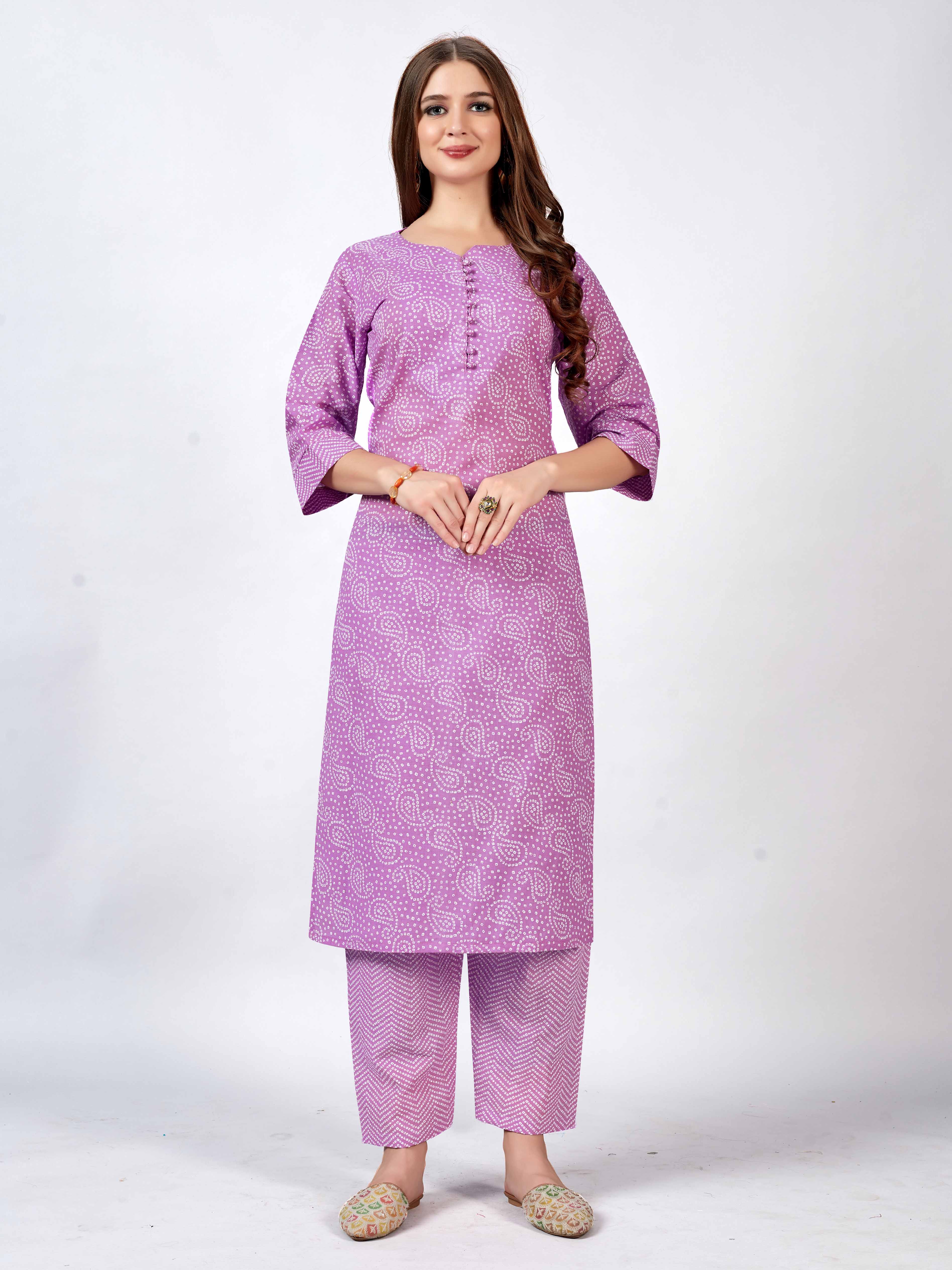 Set Kurti dan Seluar Bercetak Bandani Kapas Wanita Bergaya - Sesuai untuk Setiap Majlis!