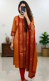 Orange Chanderi Cotton Straight Fit Kurta Set with Jacquard Border.