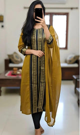 Mustard Chanderi Cotton Straight Fit Kurta Set with Jacquard Border.