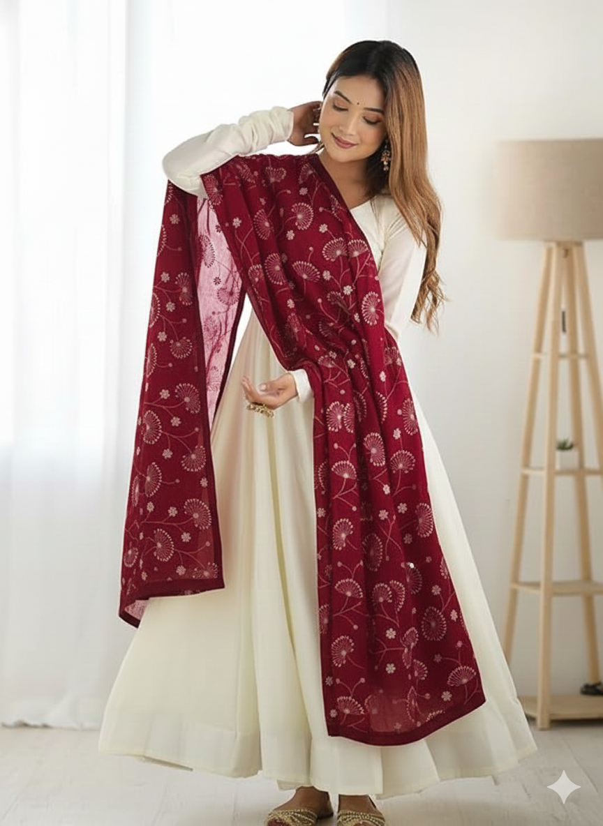 Elegant White Georgette Anarkali Gown with Maroon Sequins & Zari Lace Dupatta