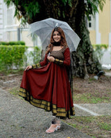 Elegant Maroon Antalkali Suit with Jacquard Silk & Net Dupatta