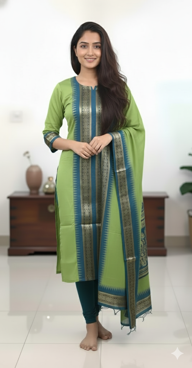 Light Green Chanderi Cotton Straight Fit Kurta Set with Jacquard Border.