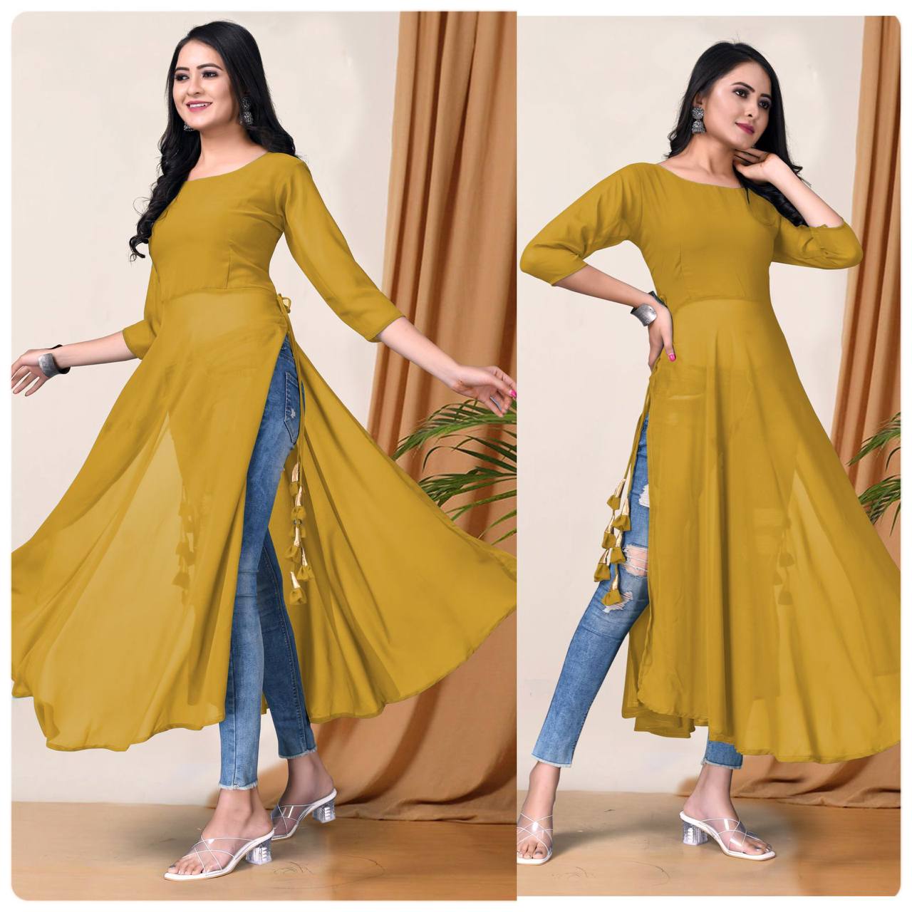 Presenting Trendy Casual Wear Faux Georgette Side Slit Cut Solid Kurti