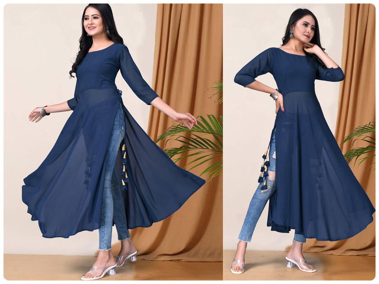 Presenting Trendy Casual Wear Faux Georgette Side Slit Cut Solid Kurti