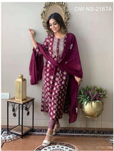 Rayon Printed Kurti with Chiffon Dupatta and Pant Set