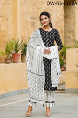 Elegant Black Cotton Blend Floral Printed Suit Set for Women