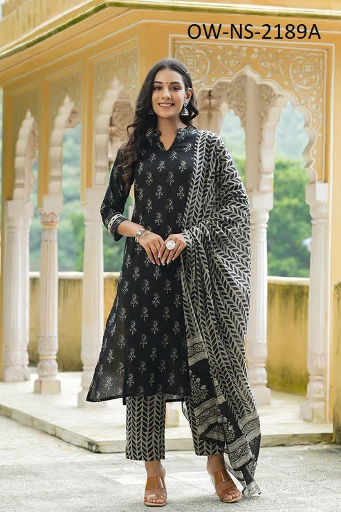 Black Cotton Blend Floral Printed Suit Set with Straight Collar