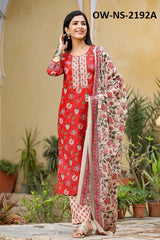 Elegant Red Cotton Blend Floral Printed Suit Set for Women