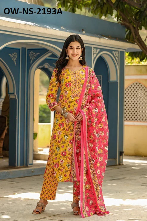 Presenting Mustard Cotton Blend Floral Print Suit Set