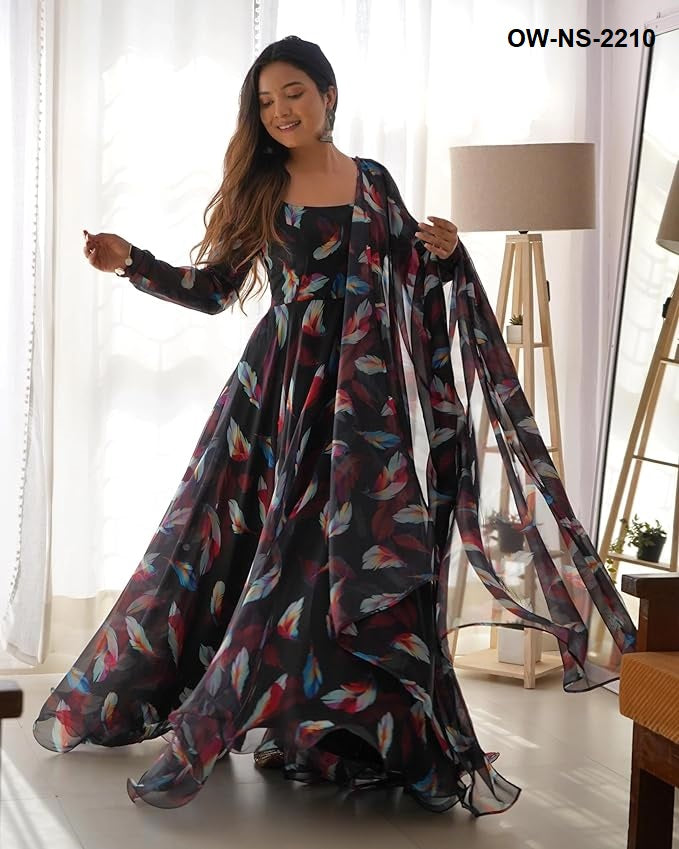 Stylish Trendy Printed Georgette Gown Set With Dupatta