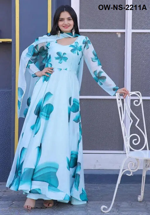 Stylish Trendy Printed Georgette Gown Set With Dupatta