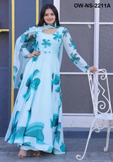 Stylish Trendy Printed Georgette Gown Set With Dupatta