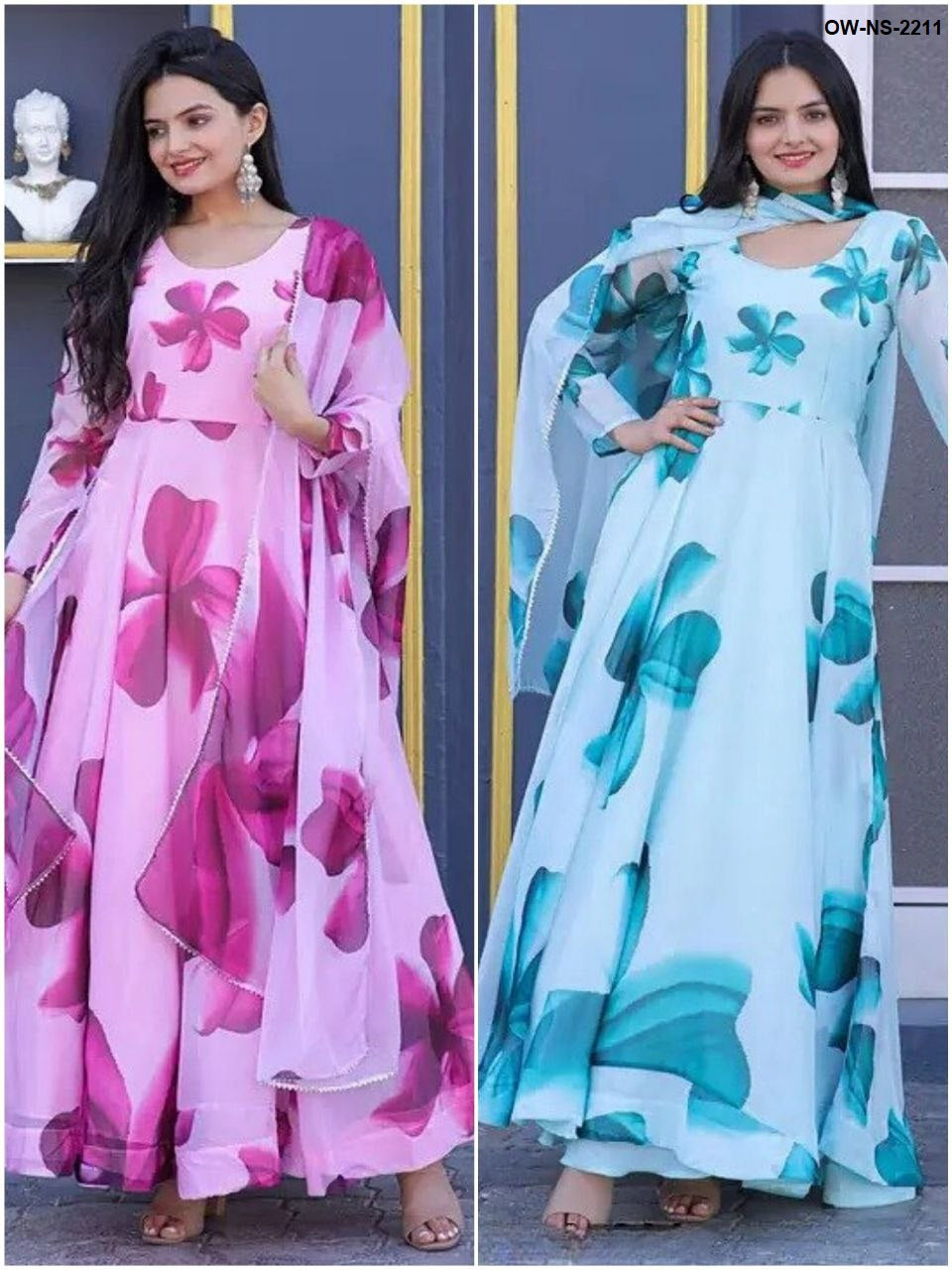 Set Gaun Georgette Bercetak Bergaya Bergaya Dengan Dupatta