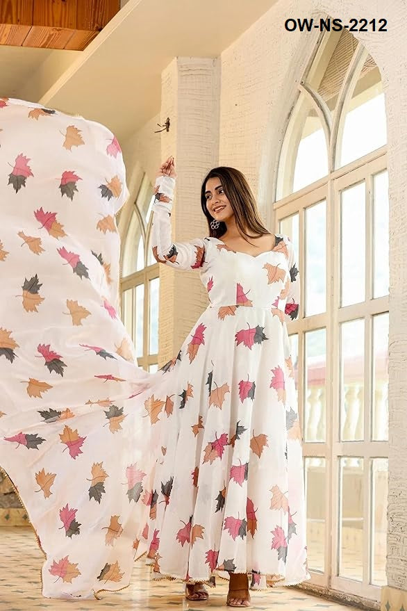 Stylish Trendy Printed Georgette Gown Set With Dupatta